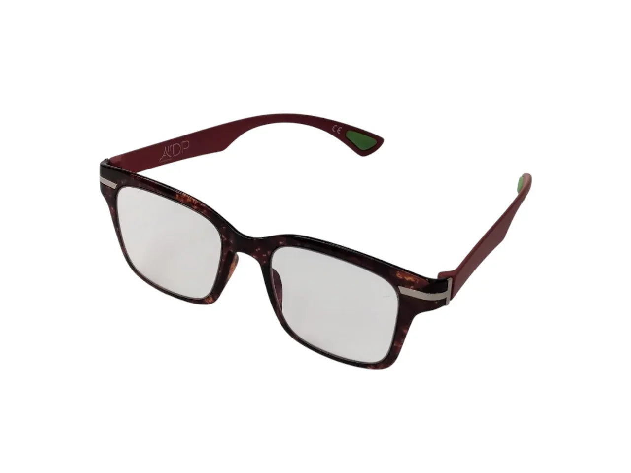Square brown tortoiseshell eyeglasses with red temples on white background
