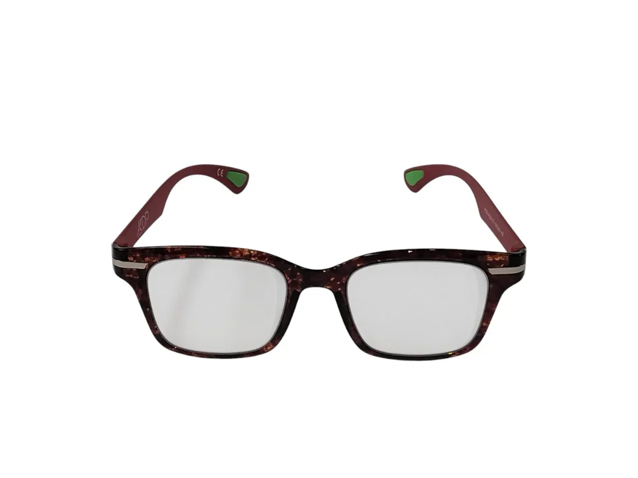 Square tortoiseshell eyeglasses with maroon arms and green tips on a white background