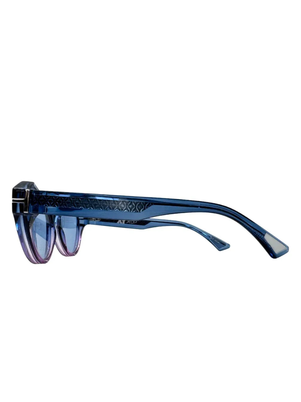 Blue acetate designer sunglasses with textured side arms on white background