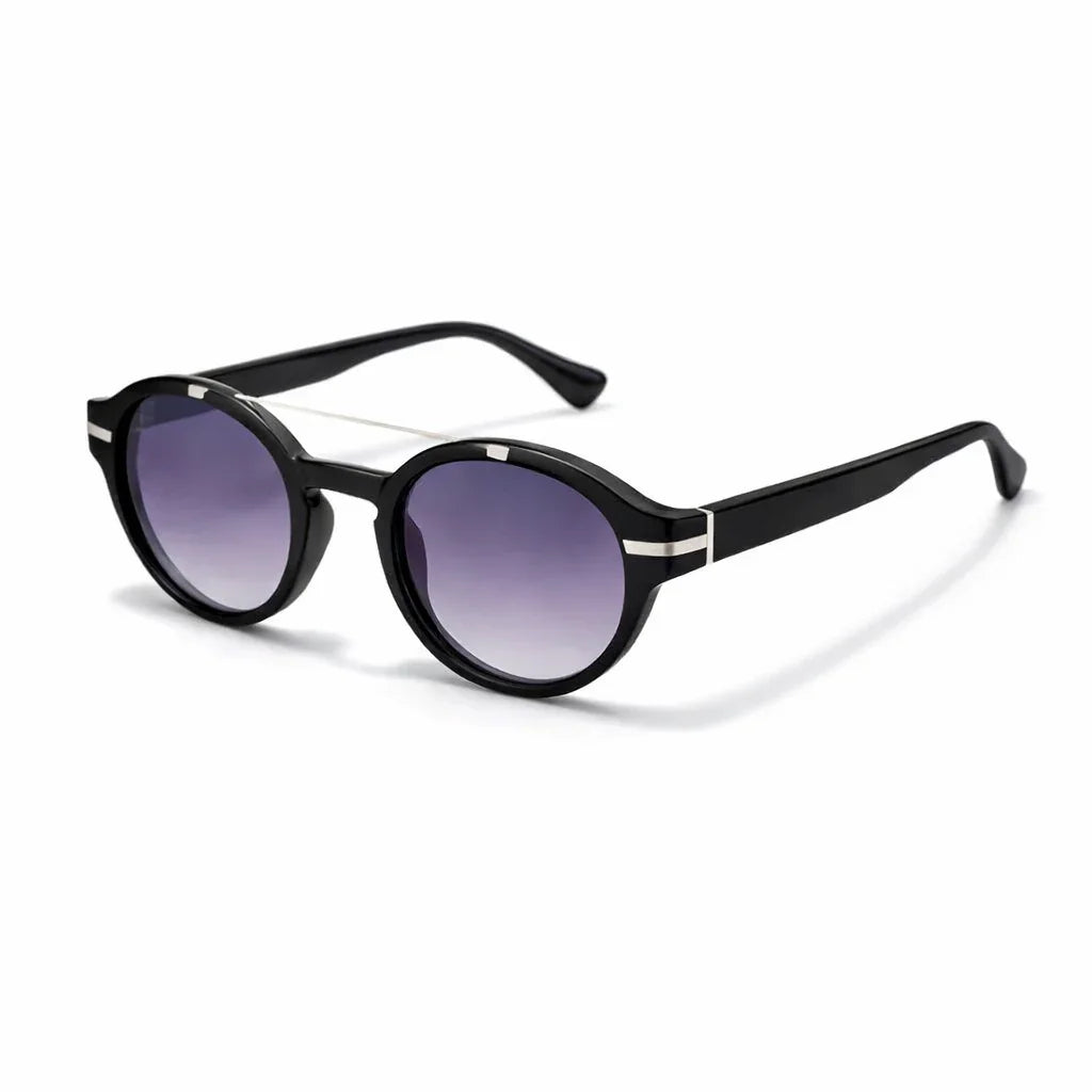Black round sunglasses with purple gradient lenses and silver accents, stylish Italian design.