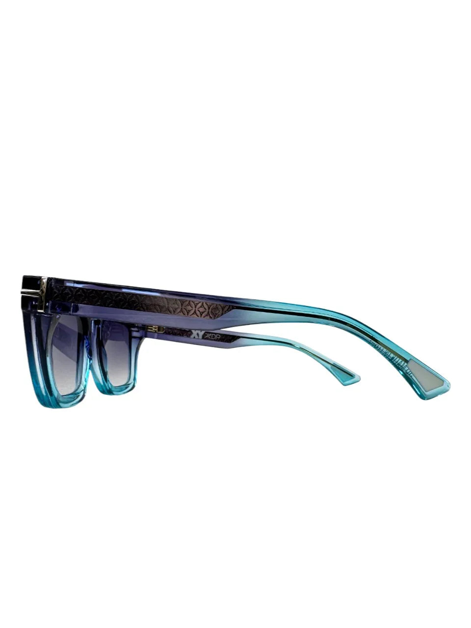Blue gradient square sunglasses with thick acetate frame and patterned temples