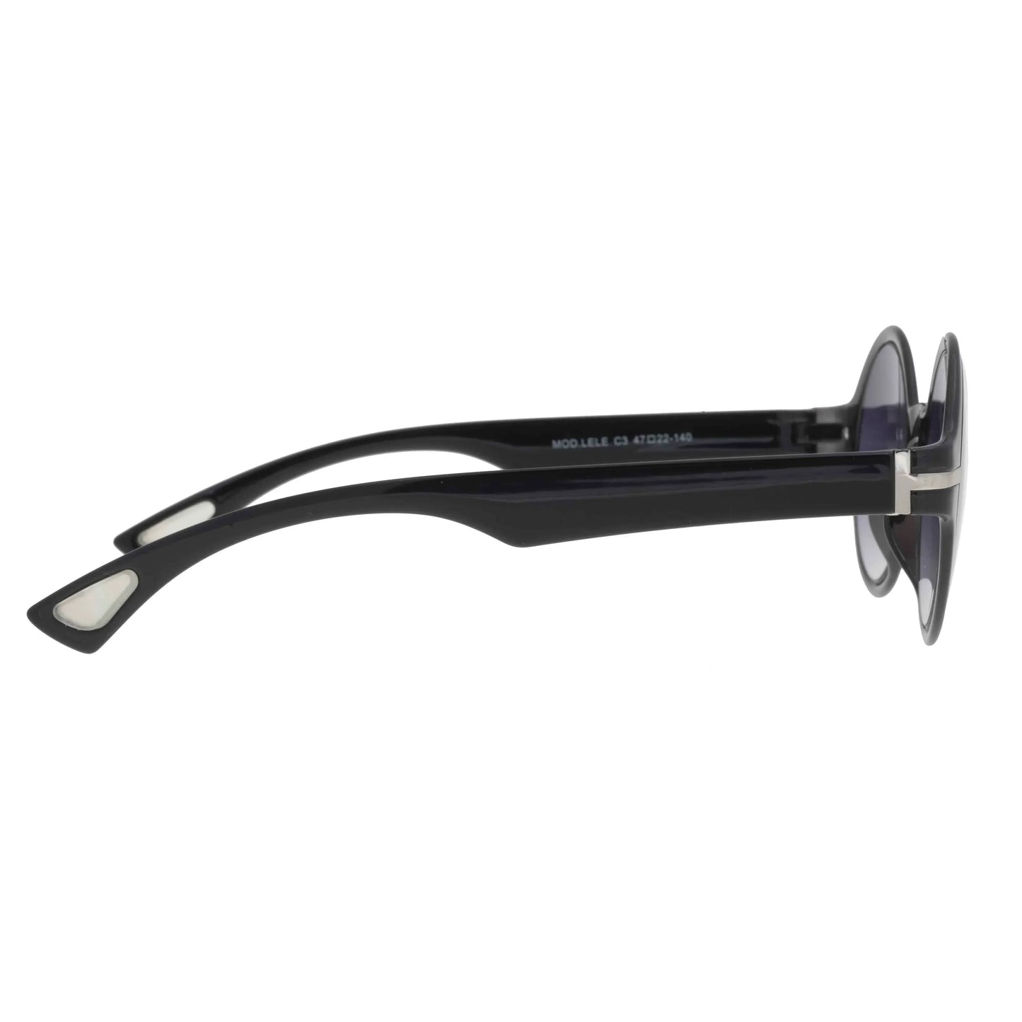 Black round sunglasses with thick side arms and silver accent, white detail on temple tips