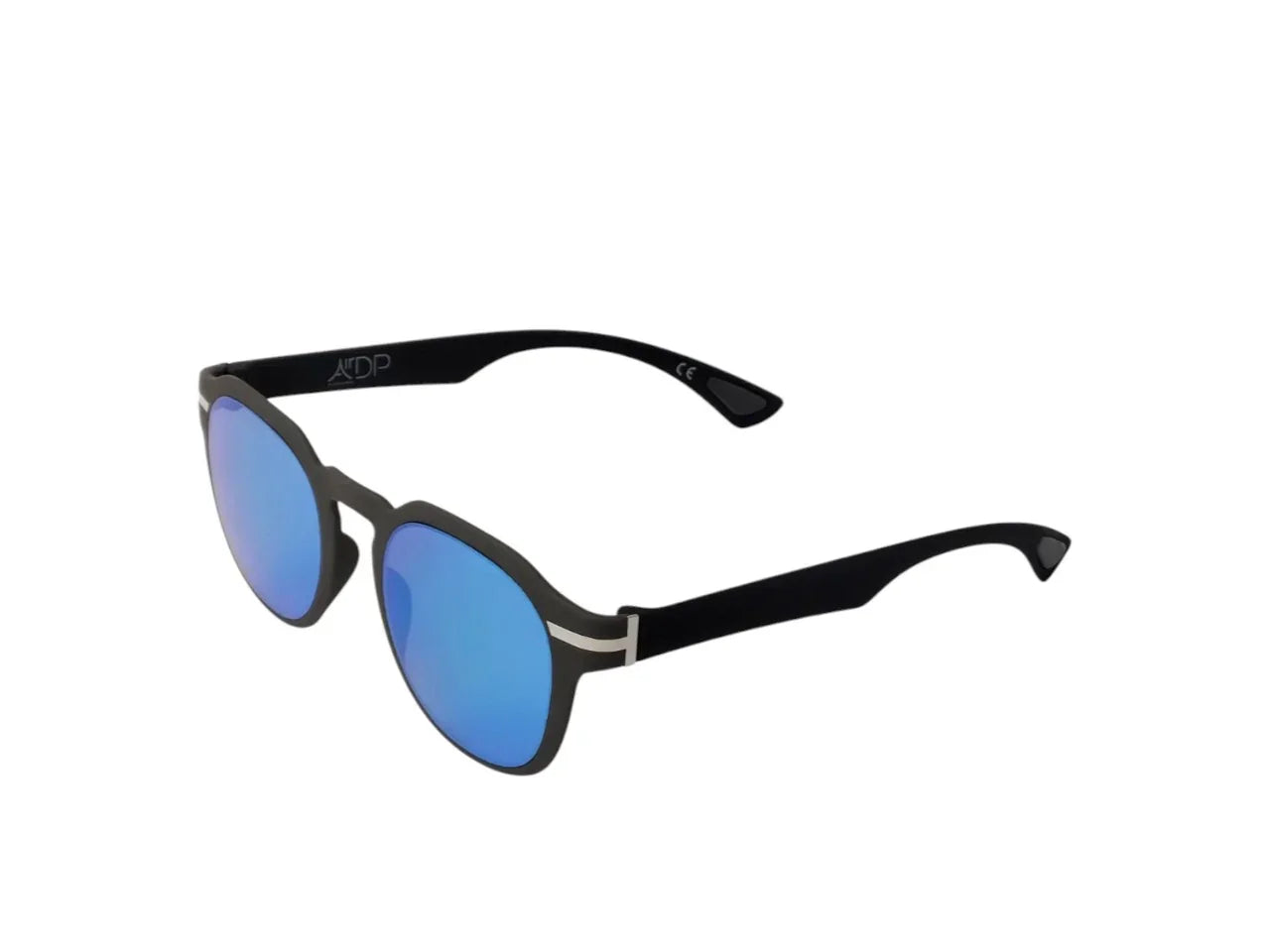 Black round sunglasses with blue mirrored lenses on white background