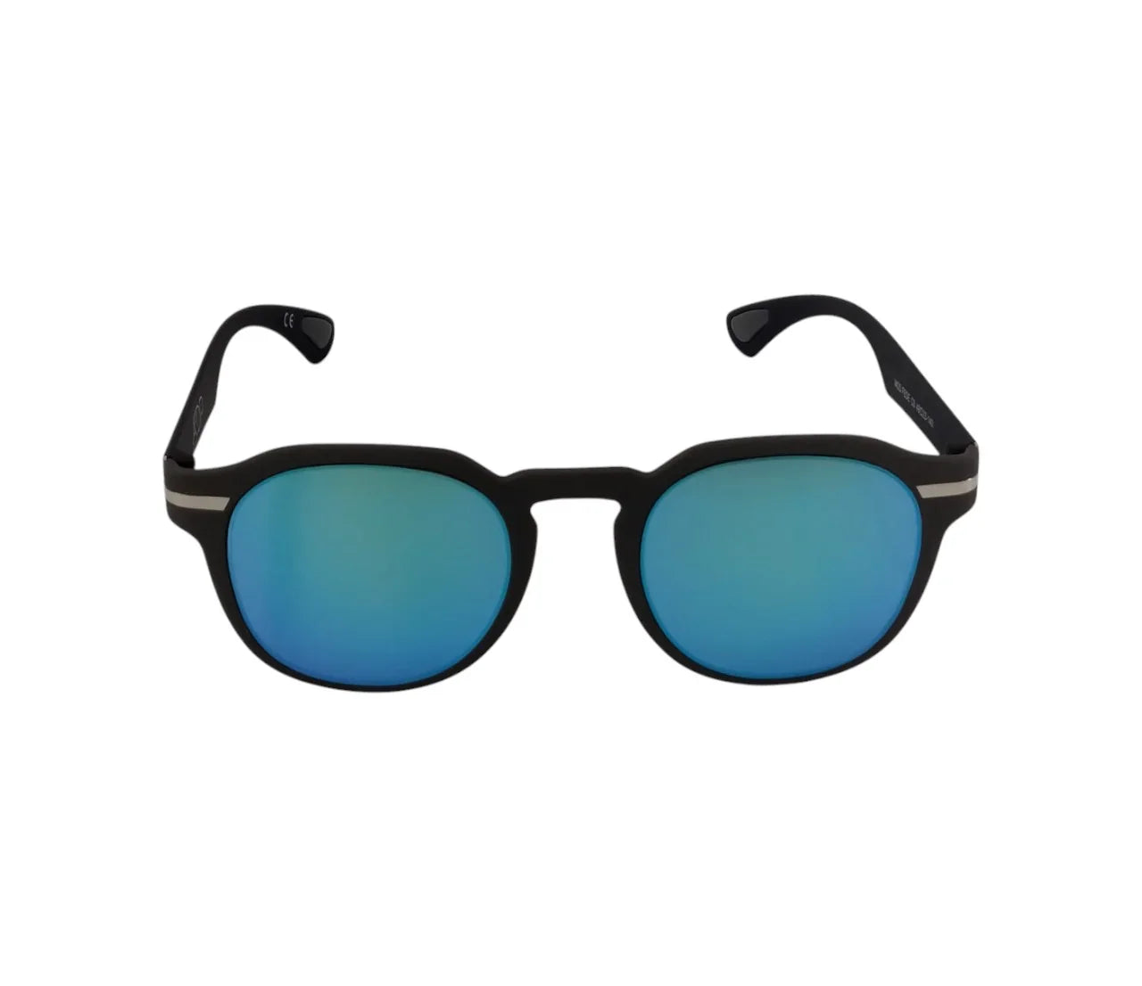 Black frame sunglasses with round blue mirrored lenses on white background