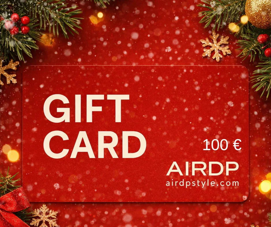 Red AIRDP 100 euro gift card with festive Christmas decorations and snowflakes