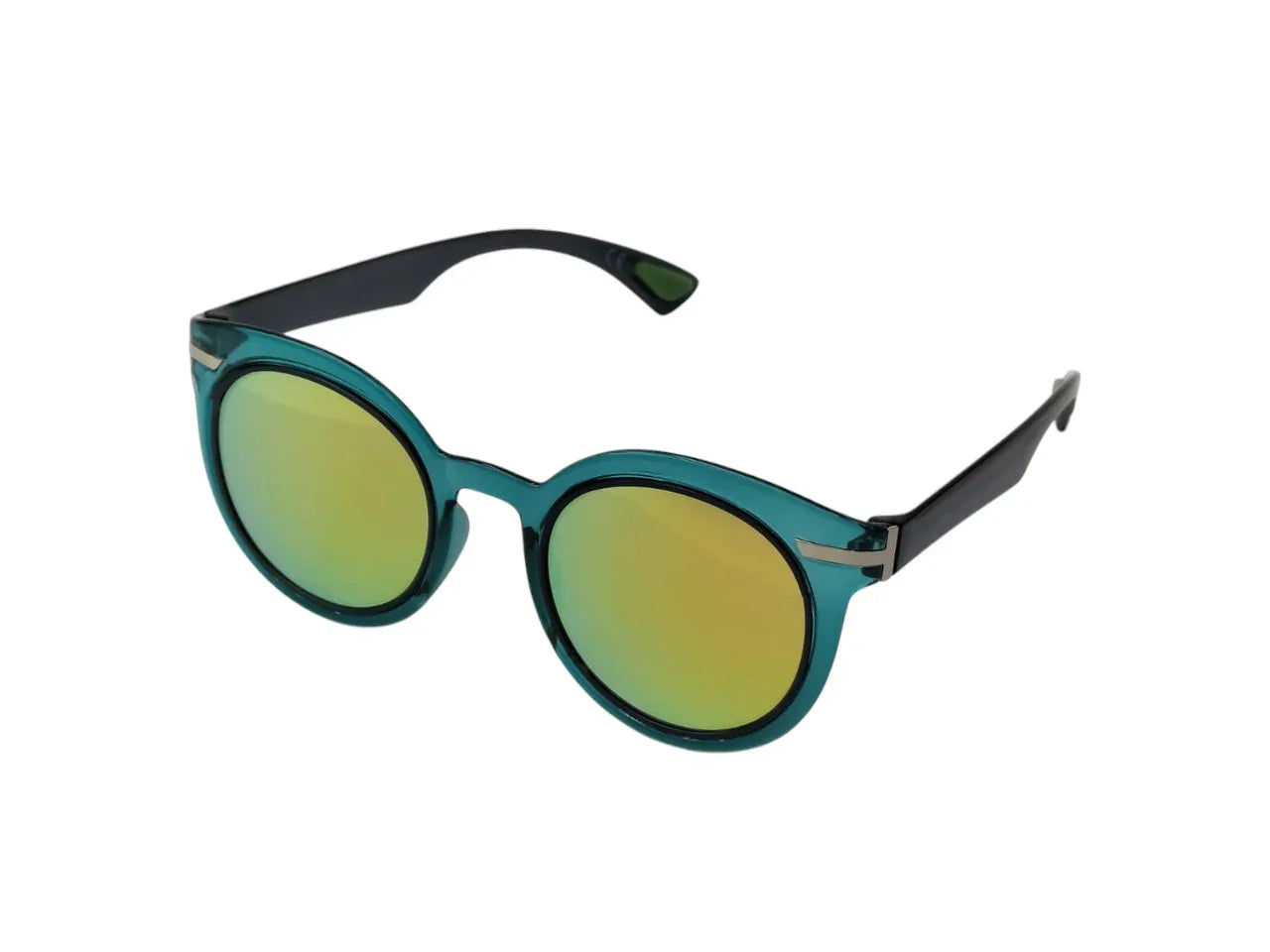 Round teal sunglasses with mirrored yellow lenses and black arms on white background