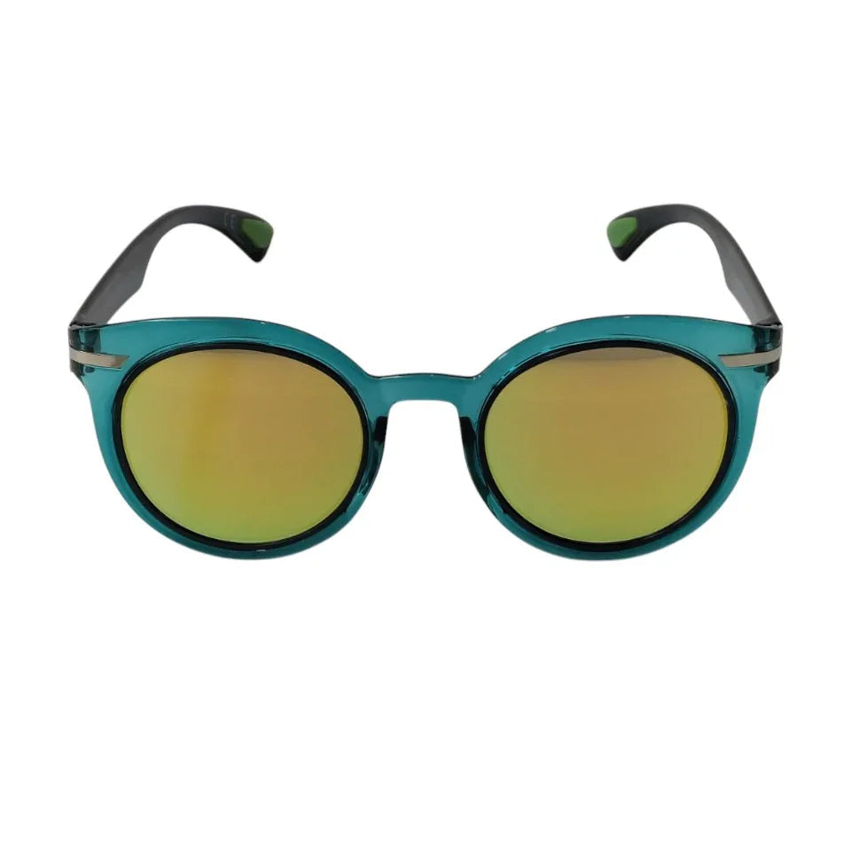 Round teal sunglasses with yellow mirrored lenses on white background