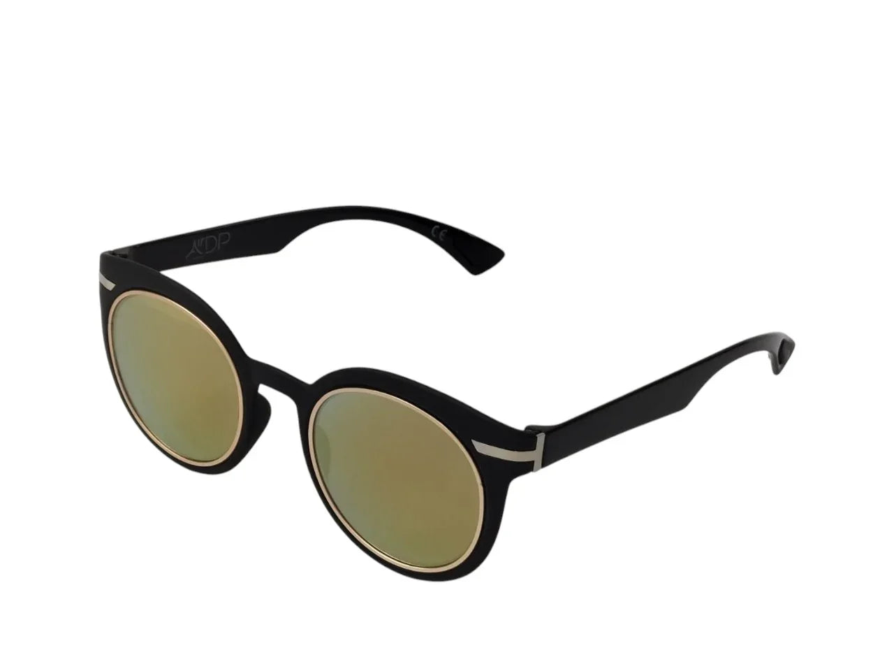 Black round sunglasses with gold mirrored lenses on white background