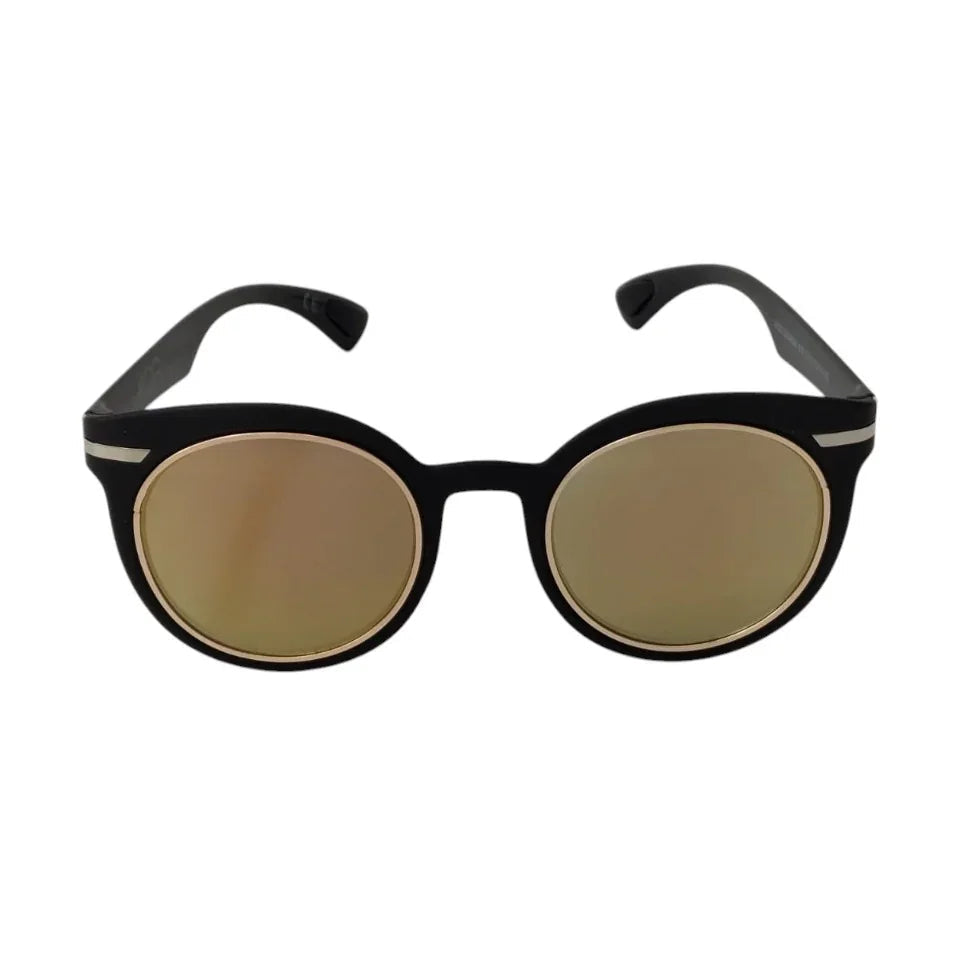 Round black and gold sunglasses with mirrored lenses on a white background