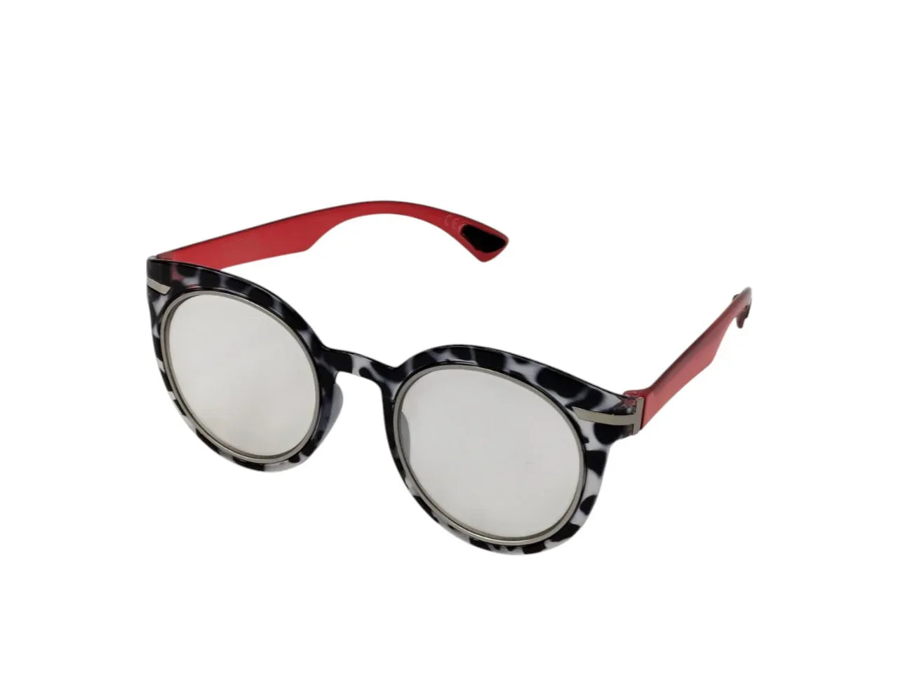 Round cat-eye eyeglasses with black and white tortoiseshell frame and red arms