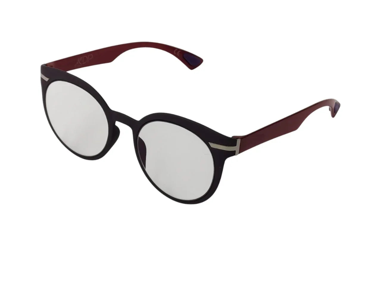 Round eyeglasses with black frame, maroon arms, silver accents on white background