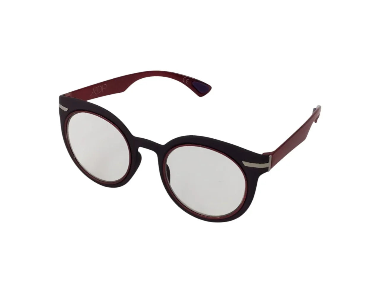 Round eyeglasses with dark purple and red frame on white background