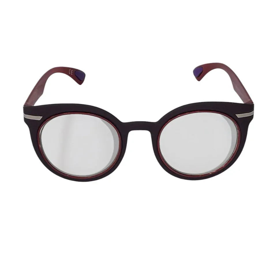 Round black and burgundy eyeglasses with silver accents on a white background