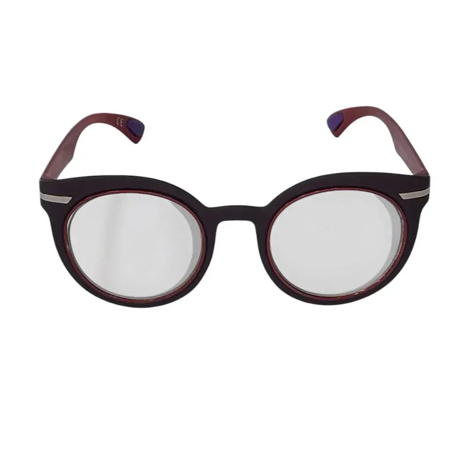 Round black and burgundy eyeglasses with silver accents on a white background
