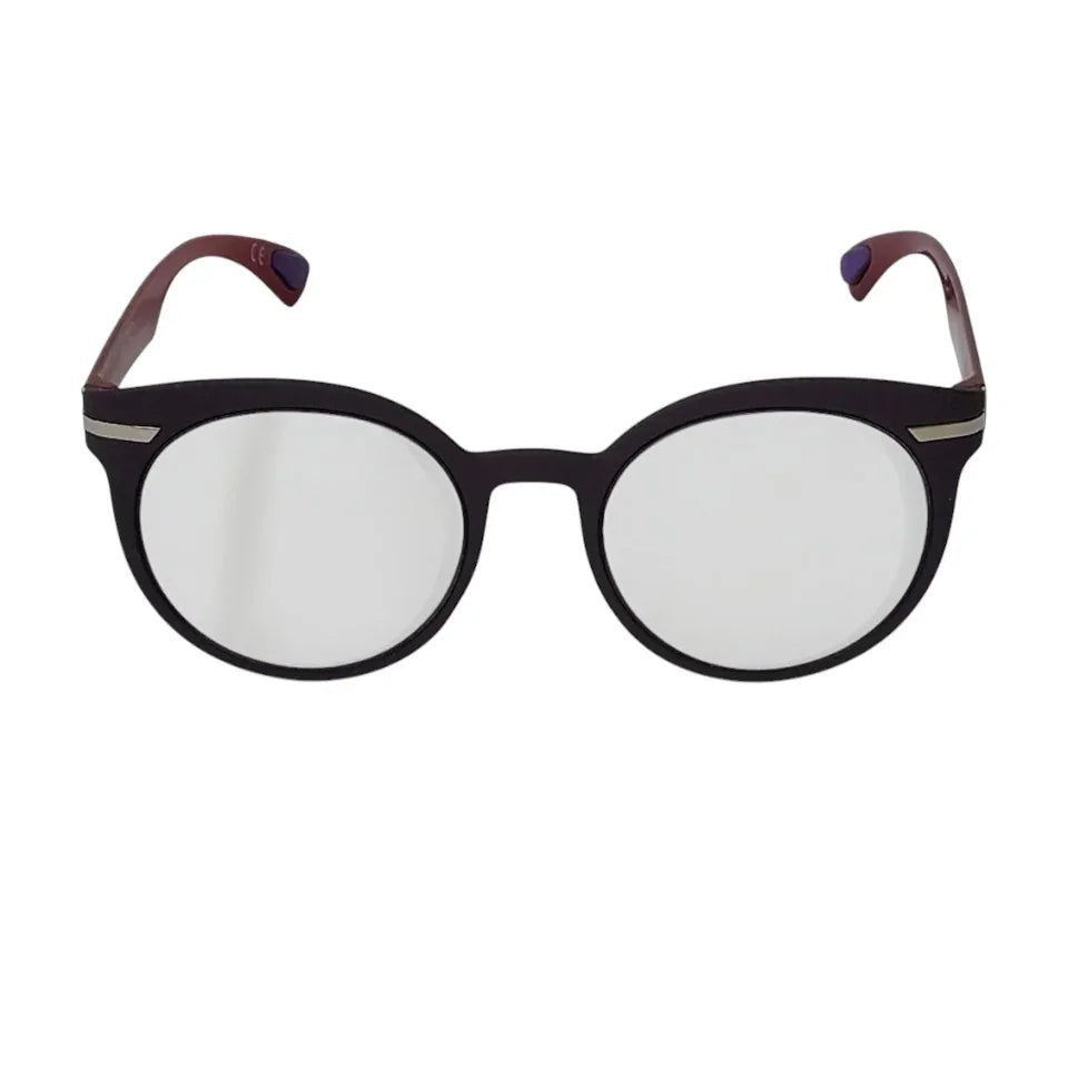 Round black eyeglasses with silver accents and maroon arms on white background