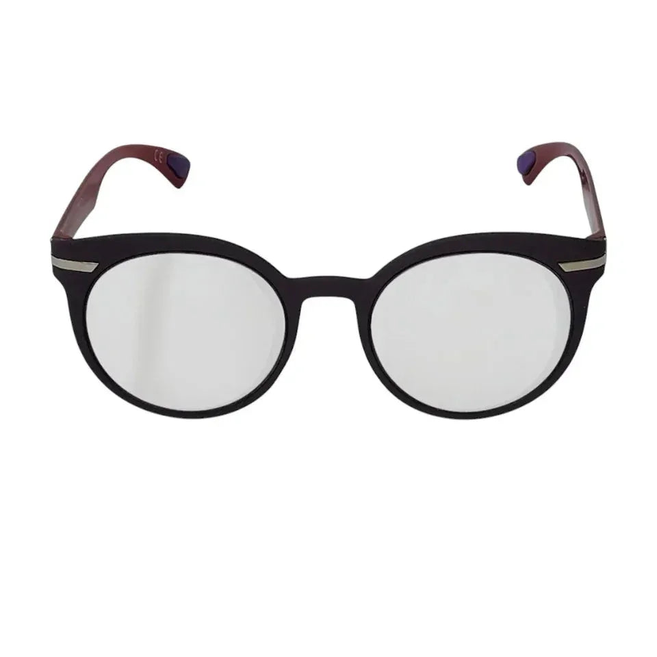 Round black eyeglasses with silver accents and maroon arms on white background