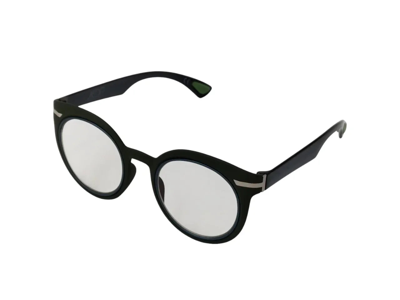 Black round eyeglasses with metal accents on white background