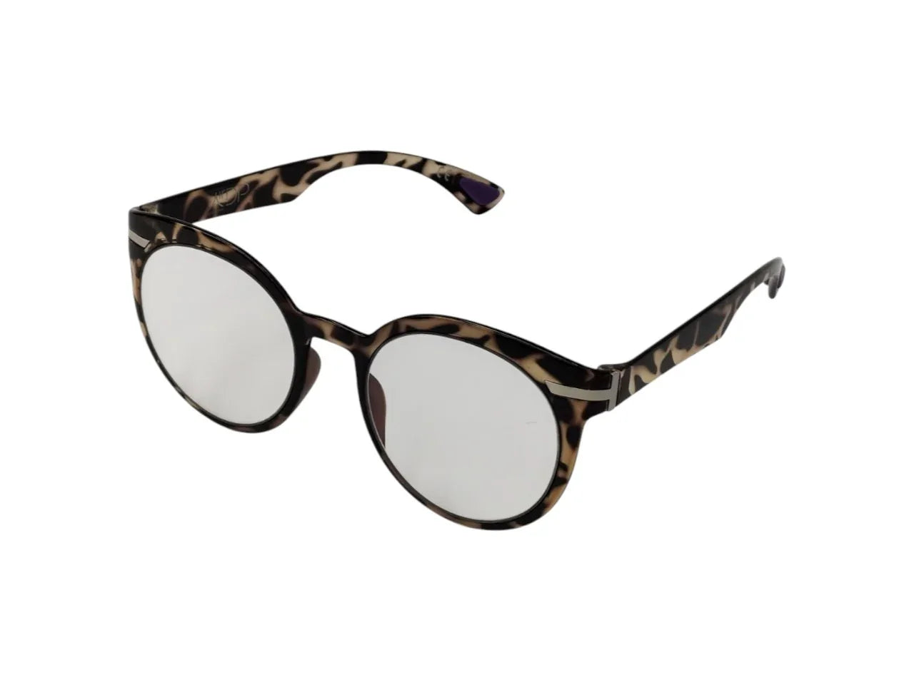 Round tortoiseshell eyeglasses with clear lenses, stylish eyewear on white background