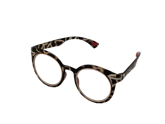 Round tortoiseshell eyeglasses with bold acetate frame on transparent background