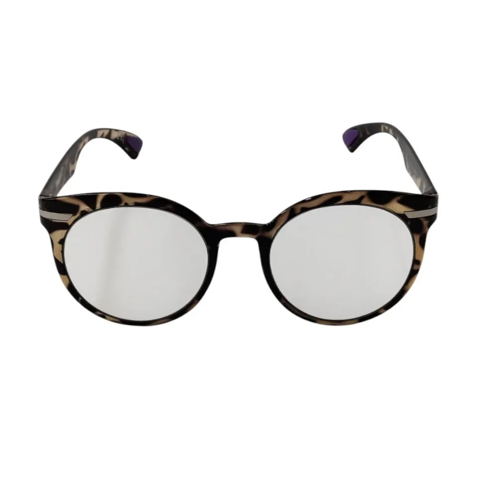 Round tortoiseshell eyeglasses with clear lenses on white background