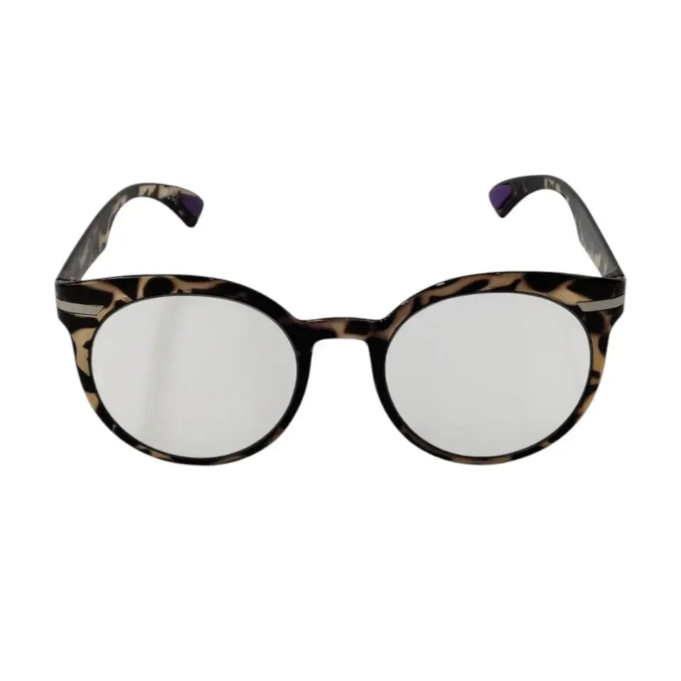 Round tortoiseshell eyeglasses with clear lenses on white background