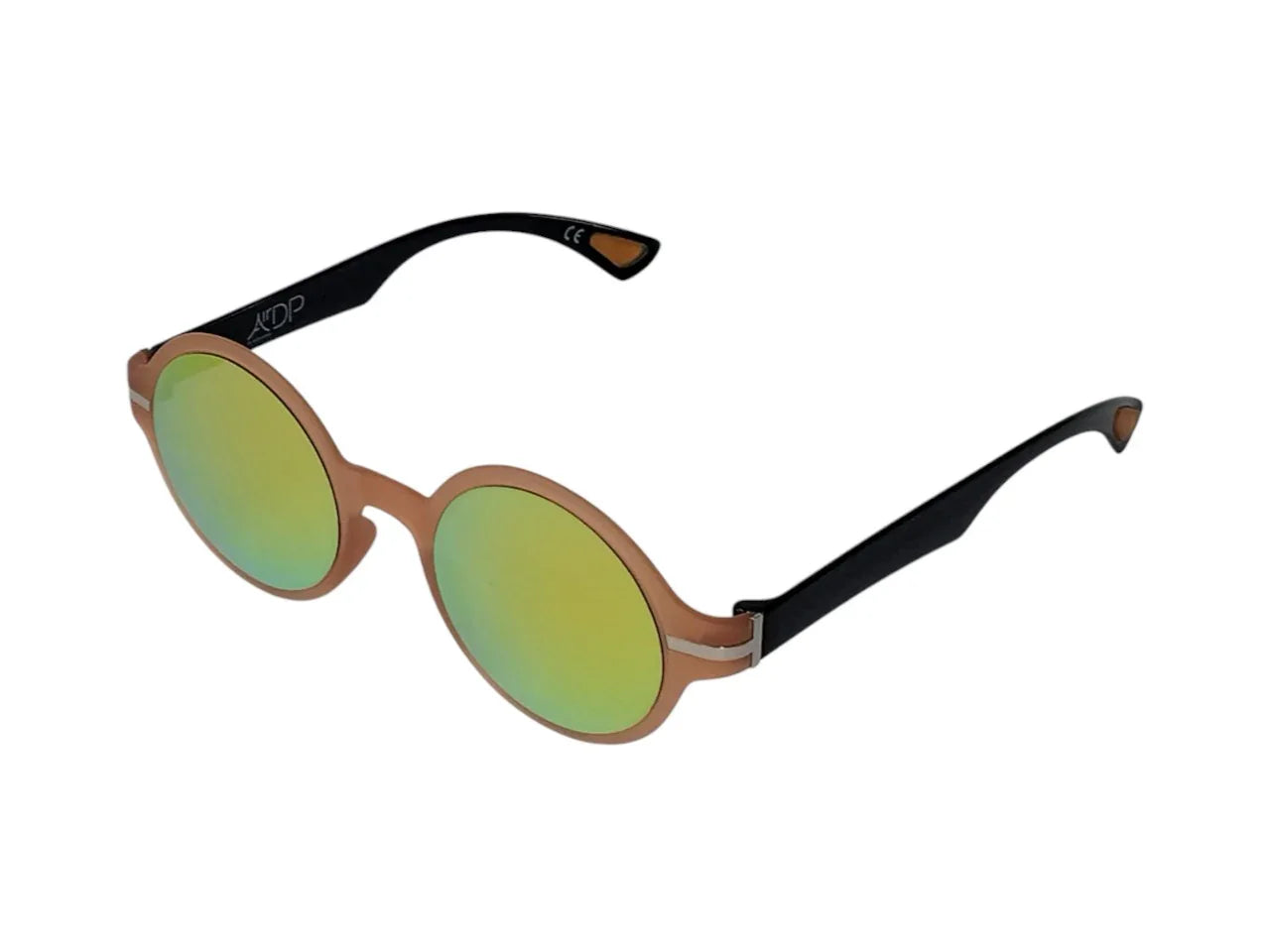 Round sunglasses with gold frame, green mirrored lenses, and black arms on white background