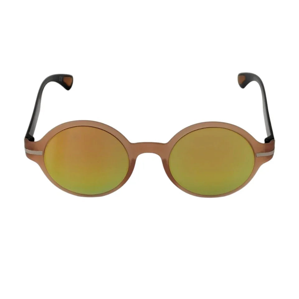 Round brown sunglasses with mirrored yellow lenses on white background