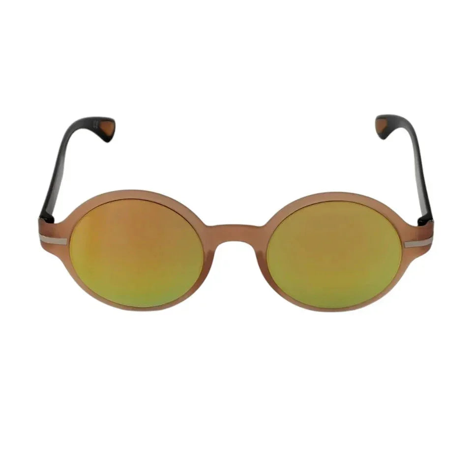 Round brown sunglasses with mirrored yellow lenses on white background