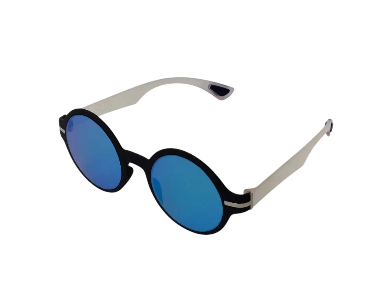 Round blue mirrored sunglasses with black frame and white arms on white background
