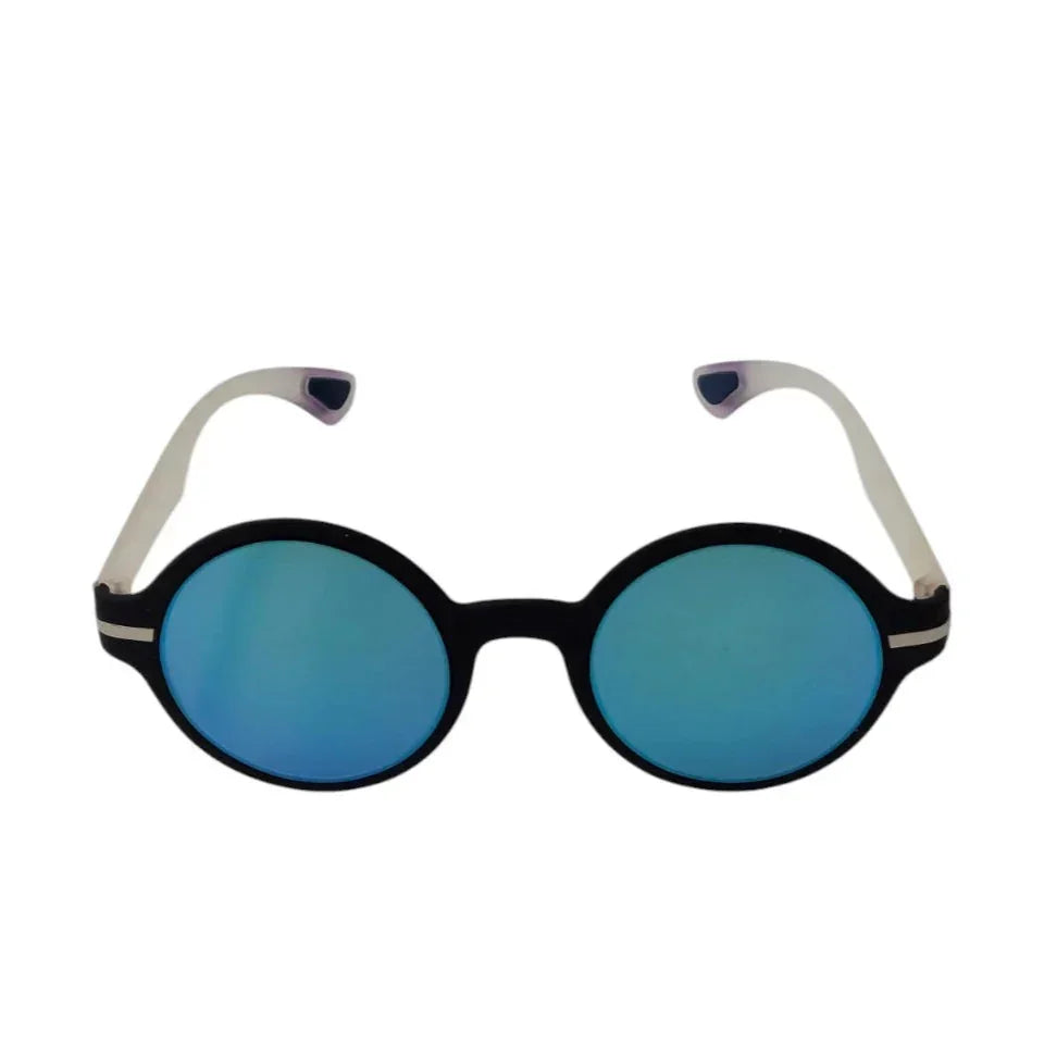 Round blue mirrored sunglasses with black frame and white arms on white background