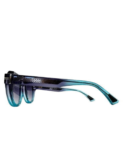 Blue gradient acetate sunglasses with geometric patterned temples, side view