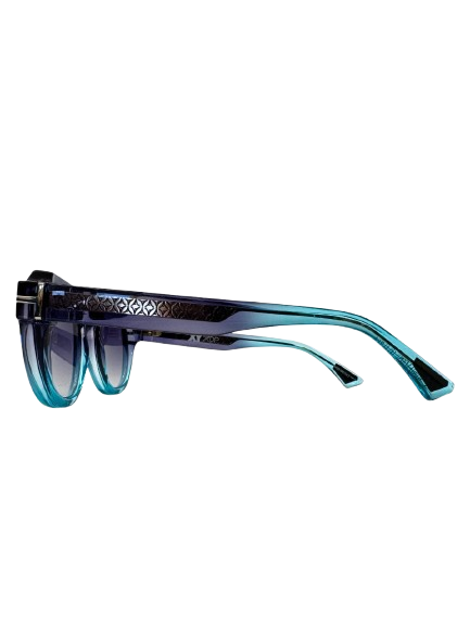 Blue gradient acetate sunglasses with geometric patterned temples, side view