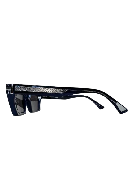 Wynwood C58 black sunglasses with geometric patterned temples, side profile view
