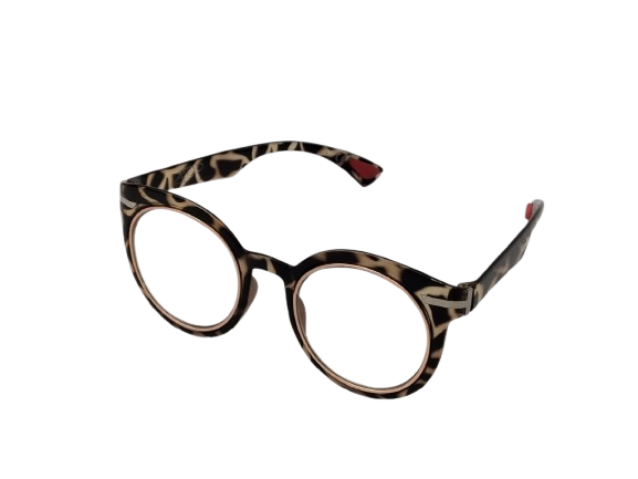 Round tortoiseshell eyeglasses with bold acetate frame on transparent background